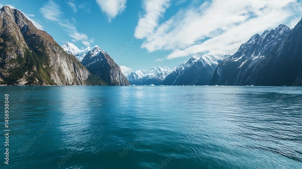 Poster serene view of a fjord with snow-capped mountains and a calm teal ocean under a bright, partly cloud