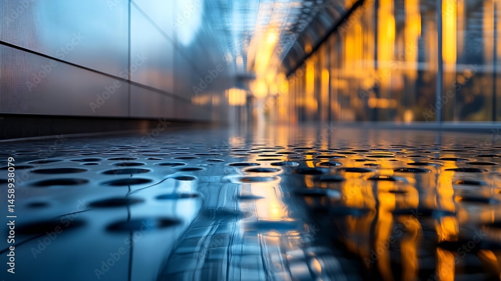 Aufkleber abstract reflection of city lights on a perforated metal surface, showcasing a blend of cool blue an