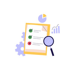 Survey Research. People Standing with Magnifying Glass and Making Social Group Research. Concept of Sociology, Know Your Customer, Checklist. Vector illustration for Web Design