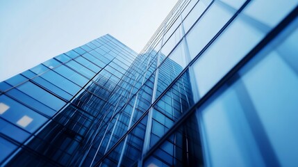 Modern glass skyscraper reflecting blue sky, low angle view showcasing architectural details and geometric patterns of a contemporary building facade. : Generative AI