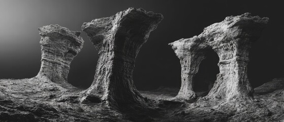 A black and white photo of a rocky landscape with four large rocks