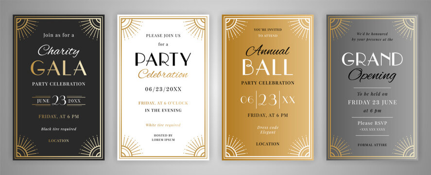 Charity Gala, Party Celebration, Annual Ball, Grand Opening invitation cards. Geometry ornate black, gold, white and silver Art deco style decor retro linear frames. EPS 10 vector illustration.