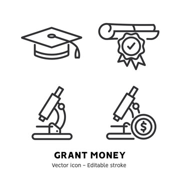 Taking grant or scholarship money icons set. Student pay education loan. Collection of grant certificate, university and college fee, study fund, scholarship money flat outline icons. Editable stroke