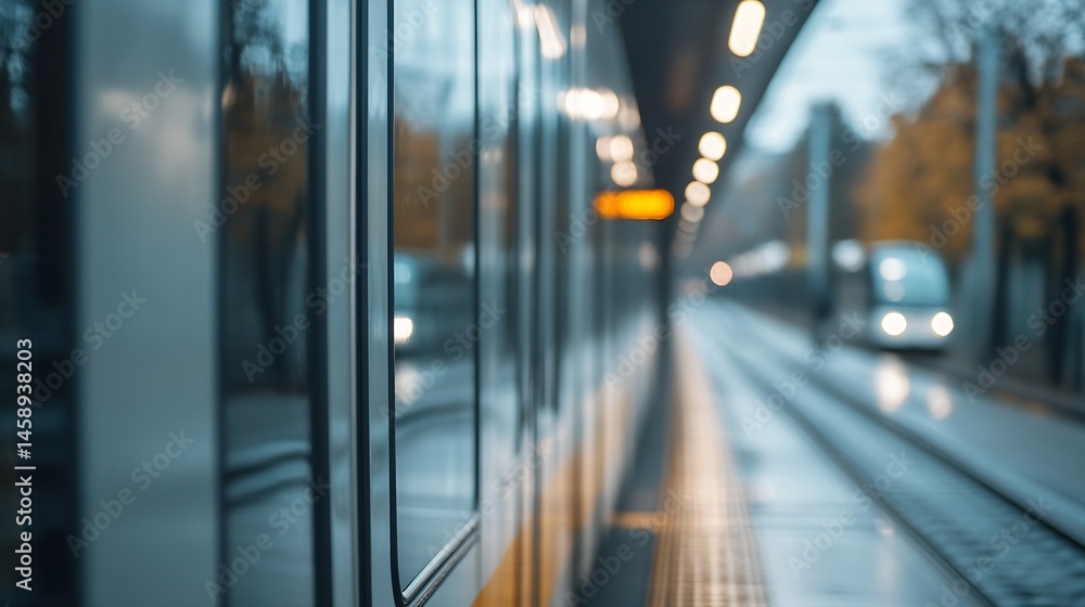Poster A modern commuter train stands at a platform, awaiting passengers on an overcast day.  The blurred background suggests a city setting with muted colors and autumnal trees. : Generative AI
