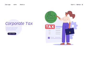 Corporate Tax. Woman pay taxes with calculator. Financial administration service. Set of financial management, debt, duty, audit and accounting. Vector illustration for UI, banner