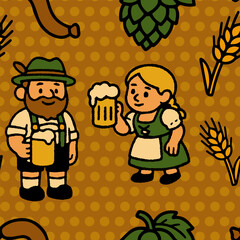 Colorful seamless background with traditional Oktoberfest symbols in naive flat style. Perfect for seasonal design, menus and festive decoration.