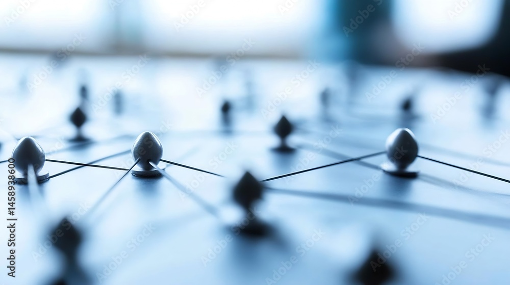 Poster Abstract network connection visualization: interconnected nodes represent global communication, teamwork, or data flow, displayed on a light blue surface. : Generative AI