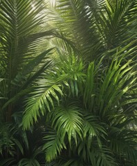 Vibrant green palm fronds, sunlight dappled, rich textures ,  design,  sunlight,  texture