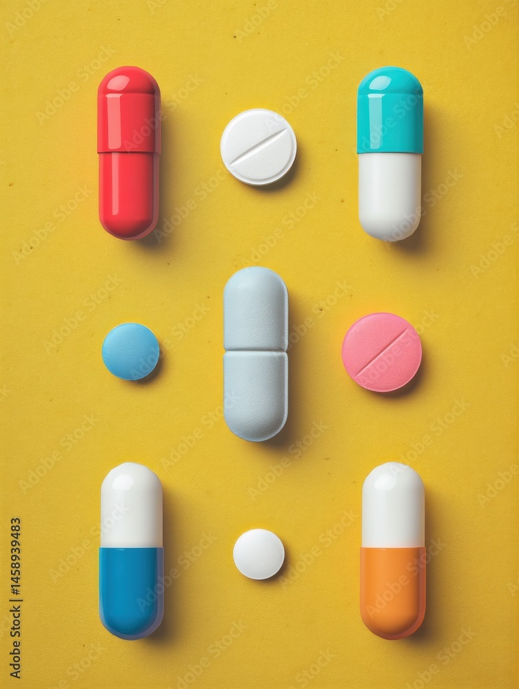 Leinwandbilder minimal pill layout in retro medical poster with vibrant colors and geometric placement in a flat de