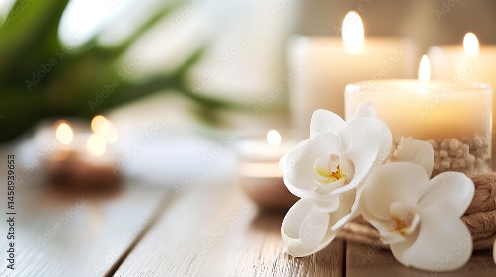 Leinwandbilder serene spa setting with white orchids and softly glowing candles on a light wood table, creating a p