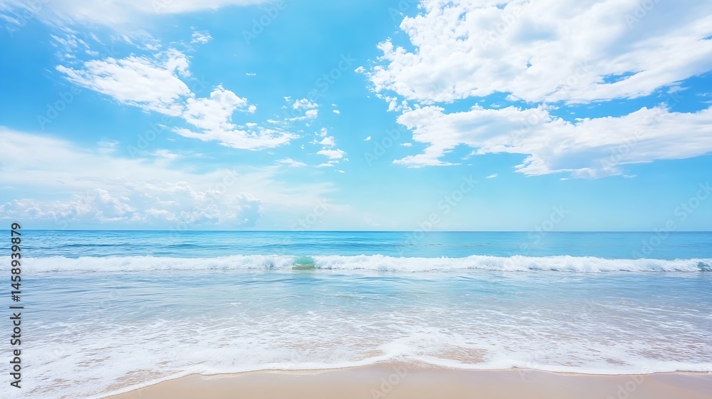 Poster Serene beach scene with gentle waves lapping the sandy shore under a bright, sunny sky filled with fluffy white cumulus clouds. : Generative AI