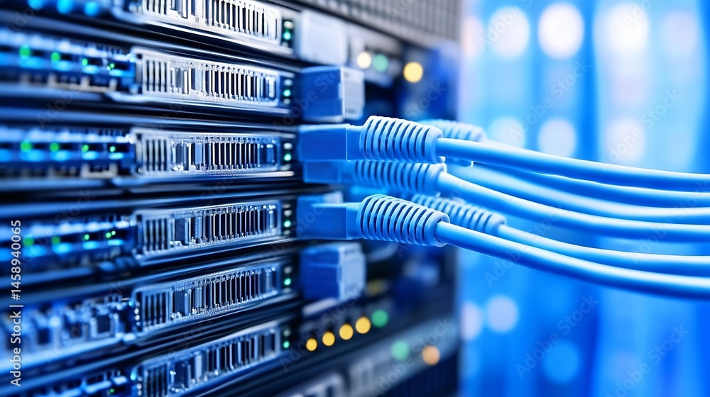 Poster Close-up of blue ethernet cables connected to a server rack, showcasing data center technology and network infrastructure. : Generative AI