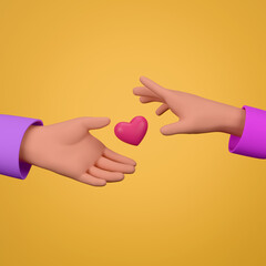 3D illustration of two cartoon-style hands holding a pink heart on a vibrant yellow background.
Concept of love, care, giving, support, charity, and kindness in a minimalist, friendly design.