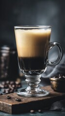 Delicious Irish Coffee with Creamy Foam Served in a Glass on Wooden Board