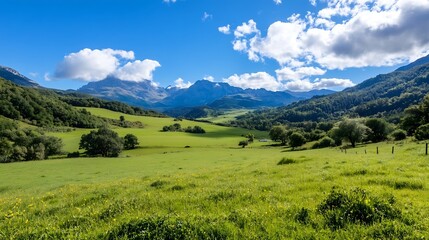 Obraz premium Serene mountain valley landscape with lush green meadows, rolling hills, and a backdrop of majestic peaks under a vibrant blue sky dotted with fluffy white clouds. : Generative AI