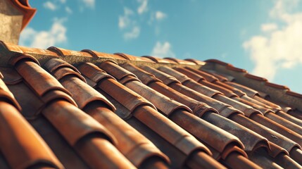 Close-up terracotta roof tiles under a bright sky