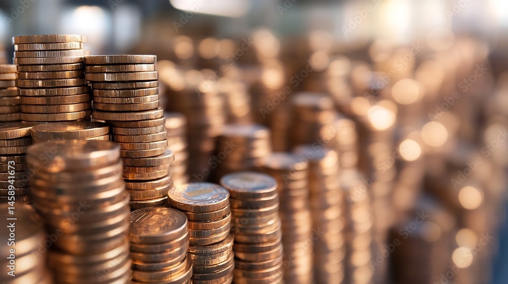 Leinwandbilder Close-up view of numerous stacks of shiny golden coins, creating a city-like landscape of wealth and prosperity, illuminated by warm, soft light. : Generative AI