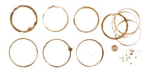 Coffee or tea stain drink cup rings vector illustration set isolated on white background. Coffee stain marks ring cup spot trace. Brown round splashes of drink collection.