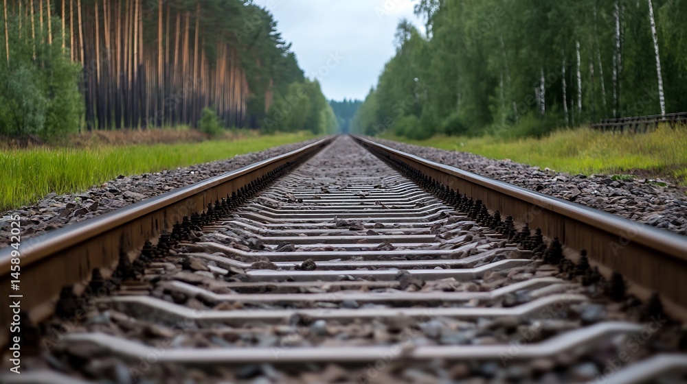 Poster railway tracks receding into a lush green forest, a perspective shot emphasizing the railway's textu