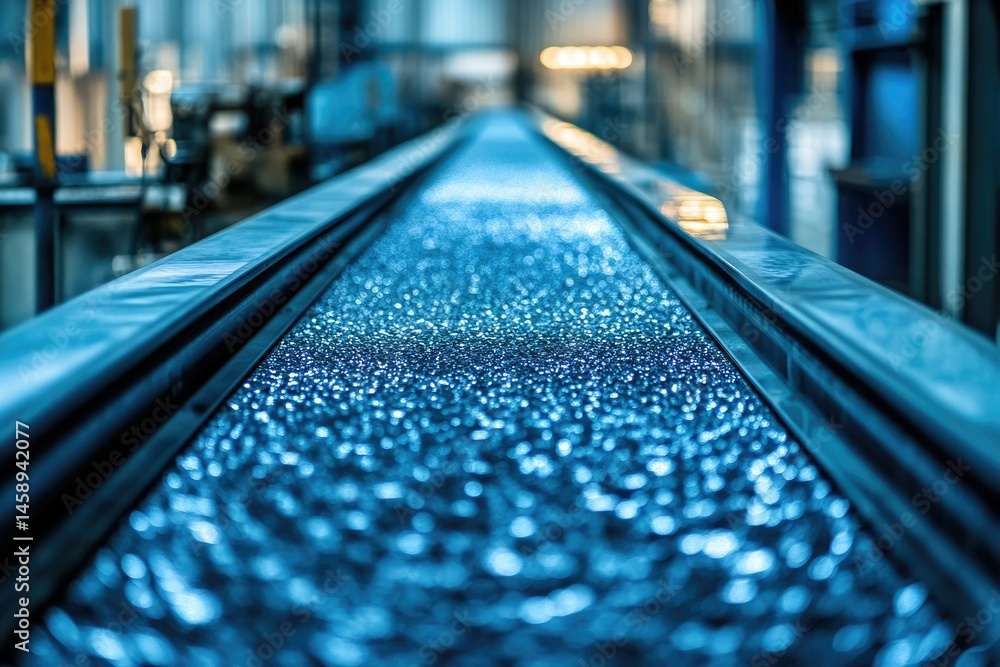 Poster industrial conveyor belt carrying a stream of small, reflective objects in a factory setting.