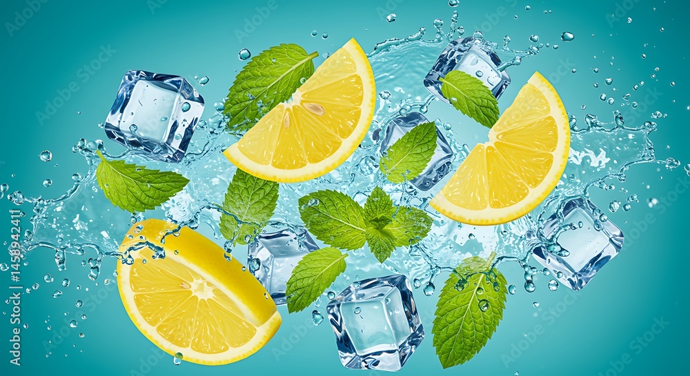 Fototapete fresh mint leaves and lemon slices floating among crushed ice, with sparkling water droplets splashi