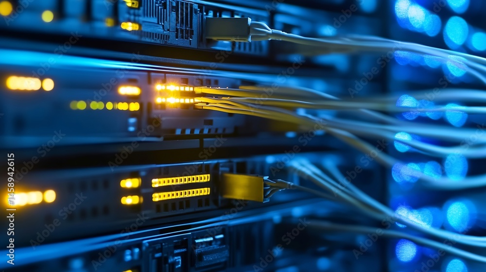 Aufkleber close-up view of illuminated fiber optic cables connecting to network server ports, showcasing data 