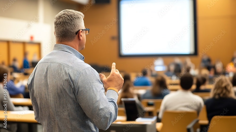 Poster Professor addressing a large lecture hall, students attentively listening to his presentation, back view of the speaker gesturing during a lecture. : Generative AI