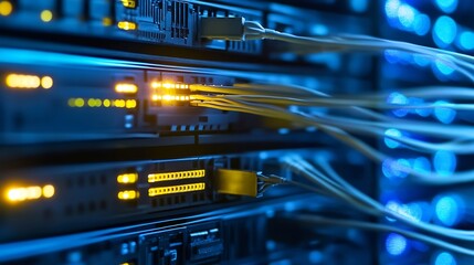 Close-up view of illuminated fiber optic cables connecting to network server ports, showcasing data transfer and server room technology. : Generative AI