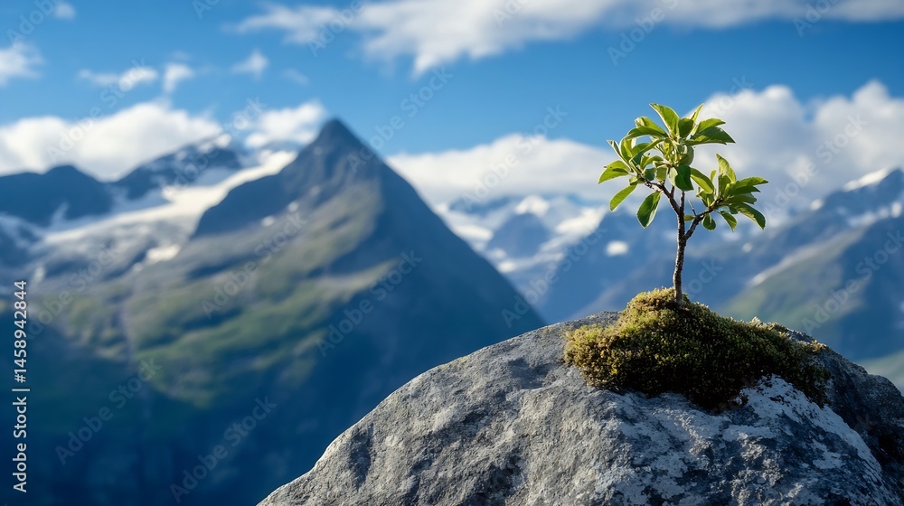 Poster a small tree bravely stands atop a moss-covered rock, with a majestic mountain range blurred in the 