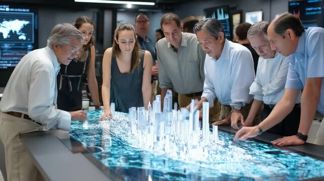 Model City Discussion: A group of people gather around a detailed model of a city, engaged in a lively discussion. The scene depicts a collaborative effort focused on urban planning and design.