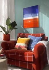 Cozy living room with red armchair and modern art on wall