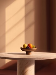 A serene still life featuring a bowl of colorful fruits on a marble table in soft lighting