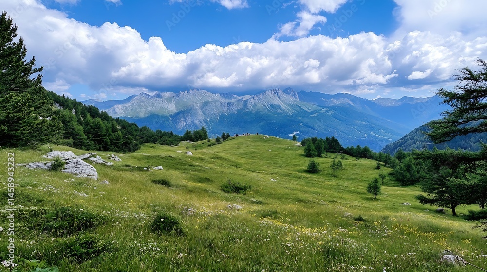 Aufkleber majestic mountain range viewed from a lush alpine meadow, dotted with wildflowers and coniferous tre