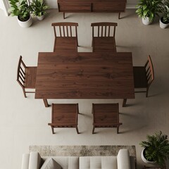 Top-Down View of Elegant Wooden Dining Set with Plants, Table, Chairs, and a Sofa. Interior Design and Home Decor Inspiration.