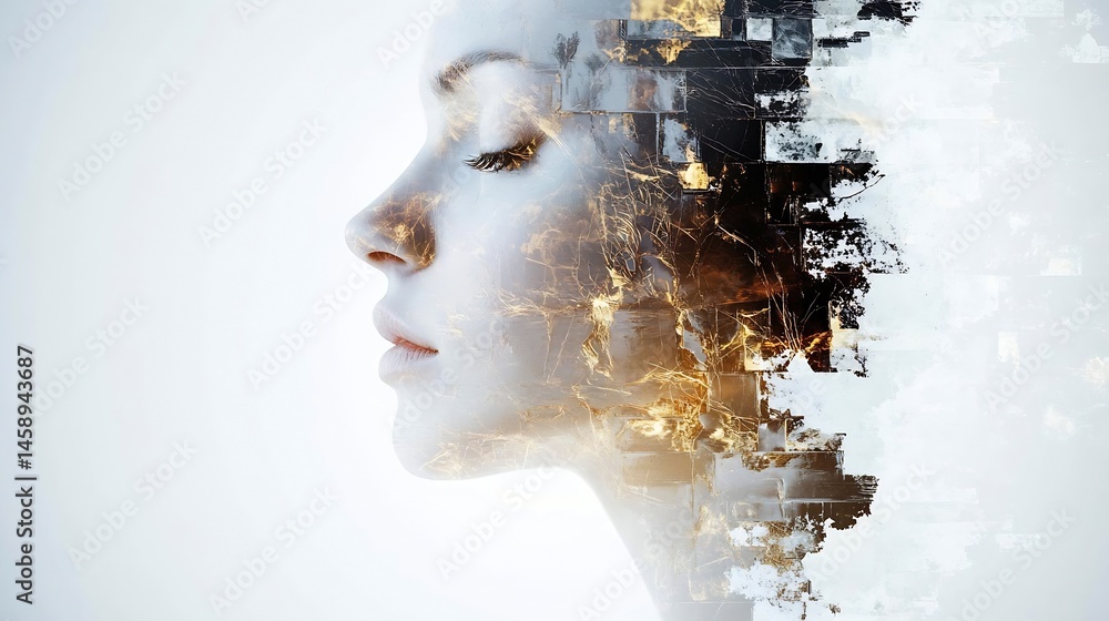 Aufkleber Abstract portrait of a woman, her face subtly merging with a textured, gold and black abstract background, creating a dreamy, ethereal mood. : Generative AI