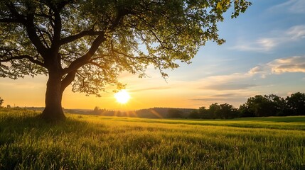 Fototapeta premium Majestic oak tree silhouetted against a vibrant sunset over a tranquil field of tall grass, bathed in warm golden light. : Generative AI