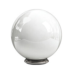 A glossy white sphere sits atop a silver base against a white background.