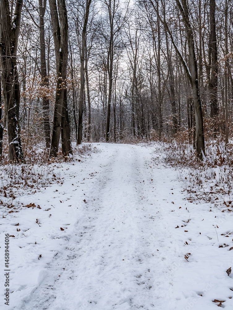 Leinwandbilder a snow-covered path winds through a tranquil winter forest, sunlight filtering through bare branches