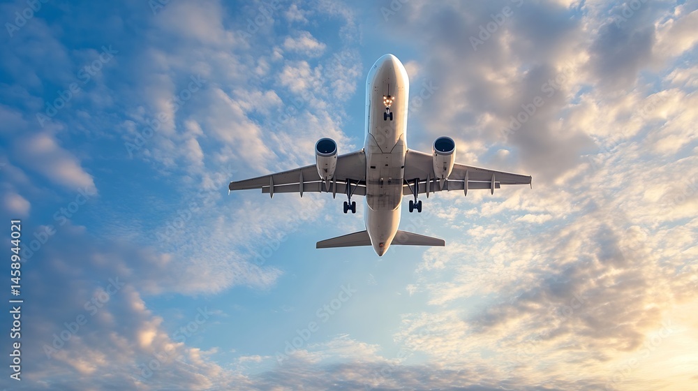 Poster airplane approaching landing, viewed from below against a backdrop of a partly cloudy sky, showcasin