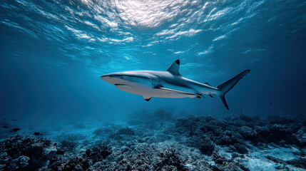 Fototapeta premium A grey reef shark gracefully swims above a vibrant coral reef in the deep blue ocean, sunlight filtering from above.