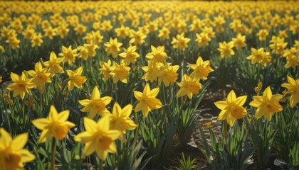 Fototapeta premium Sunlit field of vibrant yellow daffodils in full bloom, petals glistening , floral, nature photography, spring flowers