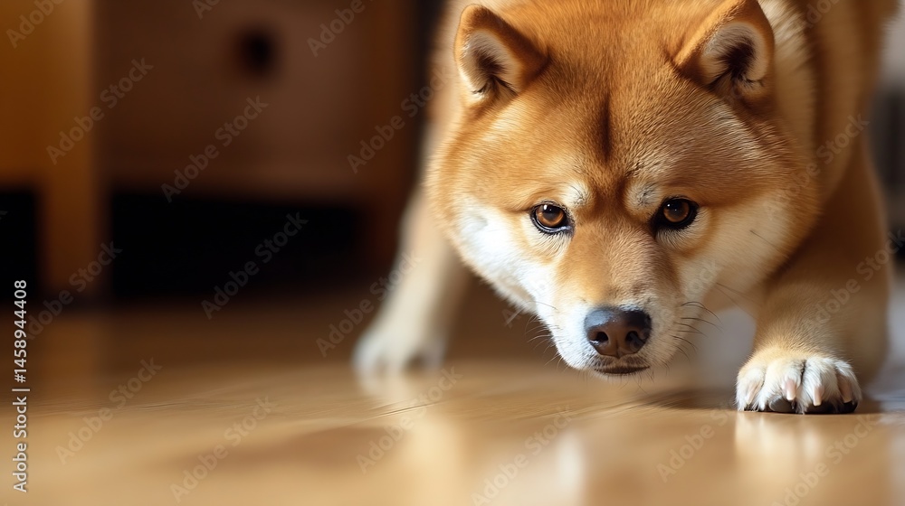 Poster a curious shiba inu puppy approaches, its amber eyes focused intently on something unseen on the woo