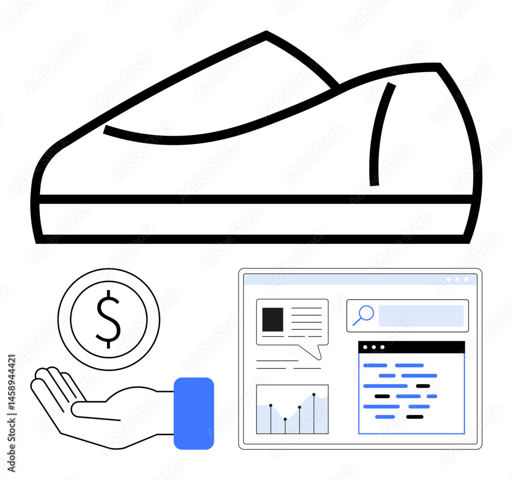Poster sneakers outline, dollar coin in hand, and webpage with analytics interface. ideal for e-commerce, f
