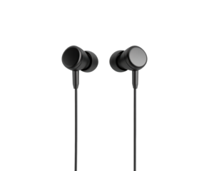 Pair of black wired earphones on a transparent background