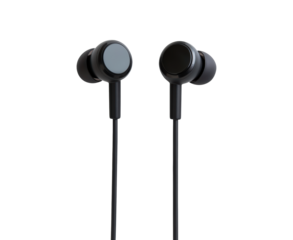 Black wired earbuds  on a transparent background