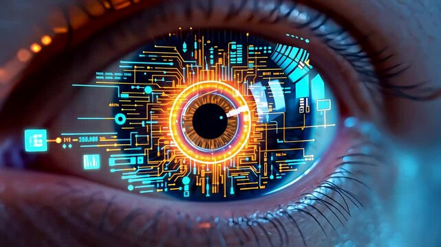 Cybernetic Eye Scanning Digital Interface in Futuristic Technology Close-Up