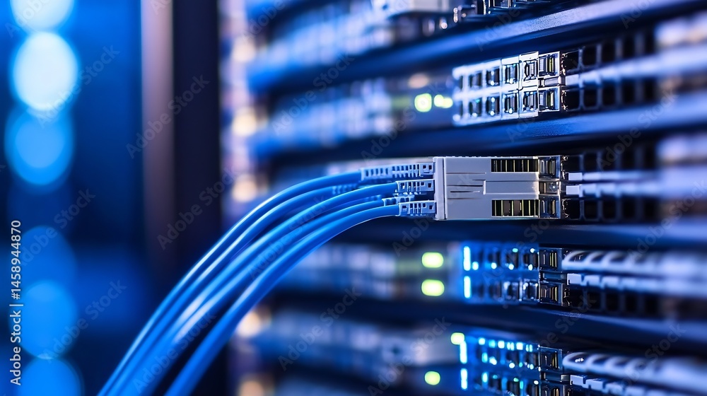 Poster Close-up of blue fiber optic cables connecting to a network switch in a server rack, showcasing data transfer and technology infrastructure. : Generative AI