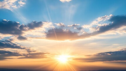 Majestic sunset with sun rays bursting through dramatic cloudscape, vibrant orange and blue hues painting the sky, creating a breathtaking natural scene. : Generative AI