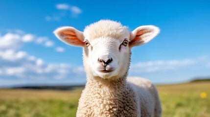 Obraz premium Adorable young lamb standing in a sunny pasture, looking directly at the camera with a curious expression. Its fluffy, light beige wool contrasts beautifully against the vibrant blue : Generative AI