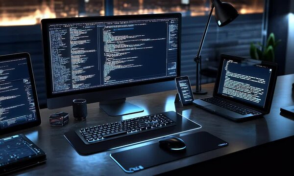 An illustration of various devices displaying code, such as desktop monitors and mobile phones, with dark blue lighting 